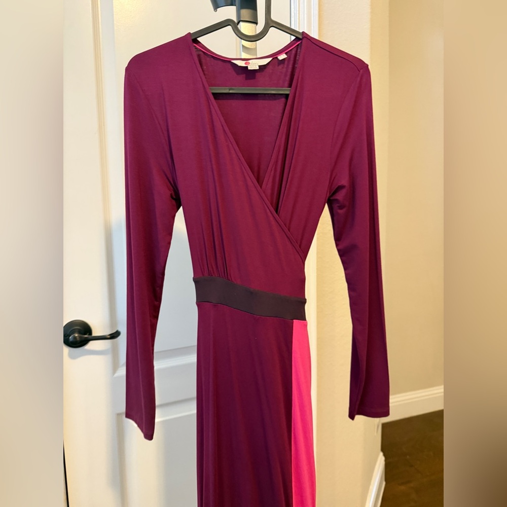 Boden Long Sleeve Color Block Wrapped Dress in Purple and Pink - Picture 6 of 9